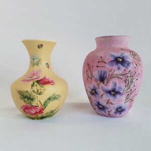 2 Hand Painted Pottery Vases Yellow Coors Pottery 6" Pink Purple Floral 6.5" Vtg